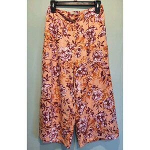 Rachel Zoe Peach Burgundy Floral 100% European Flax Linen Capri Pants Sz L